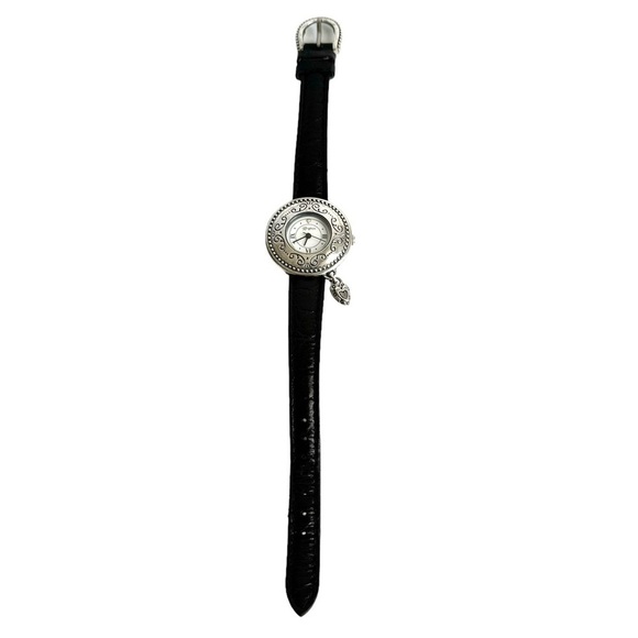 Vintage Brighton Watch Silver Tone Black Leather Band Western Swirl Heart Charm - Picture 1 of 8